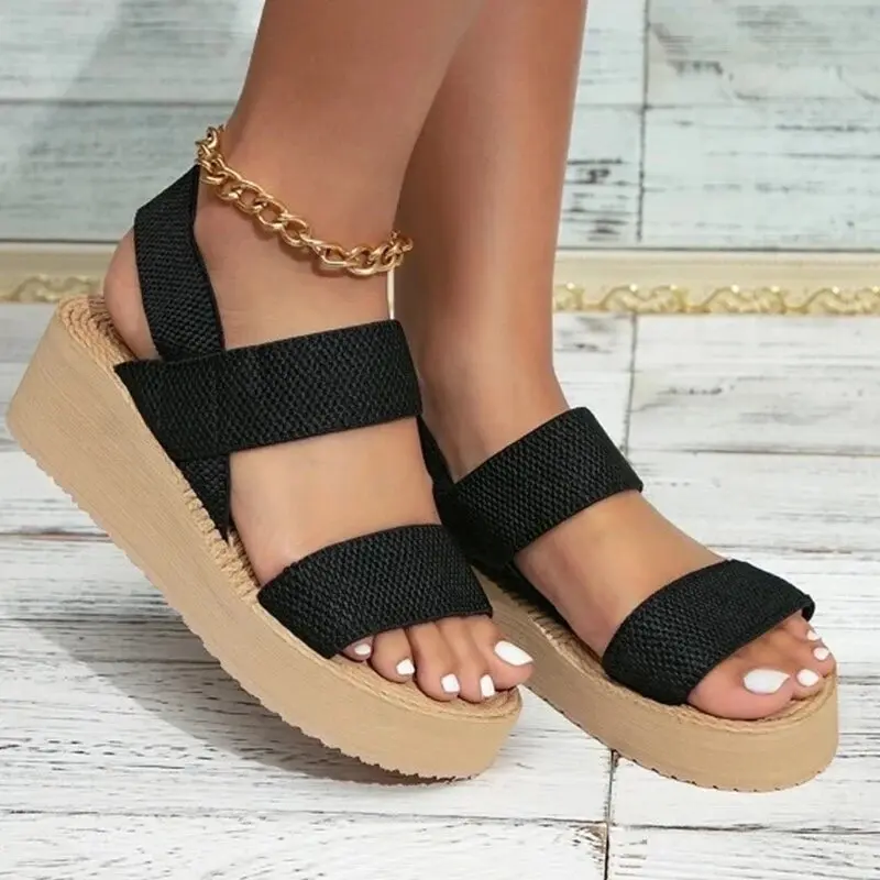New Minimalist Slingback Wedge Sandals Outdoor Summer Lightweight Slides Solid Color Thick Bottom Ladies Shoes Female Sandals Women Girl Footwear Walking Shoes Comfort Decor Elegant Active Stylish Black Makapal