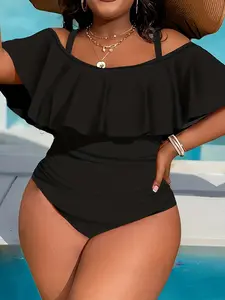 Women's Plus Size Fashion Elegant Ruffle One-Piece Backless Swimsuit, Adjustable Straps, Slimming Fit, Casual Style