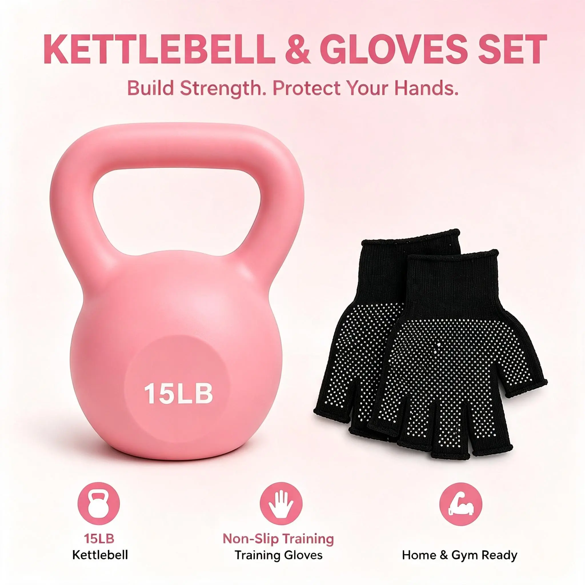 15LB Pink Kettlebell Set with Free Non-Slip Workout Gloves, Home Gym Full Body Strength Training Kettlebell for Women Fitness Exercise
