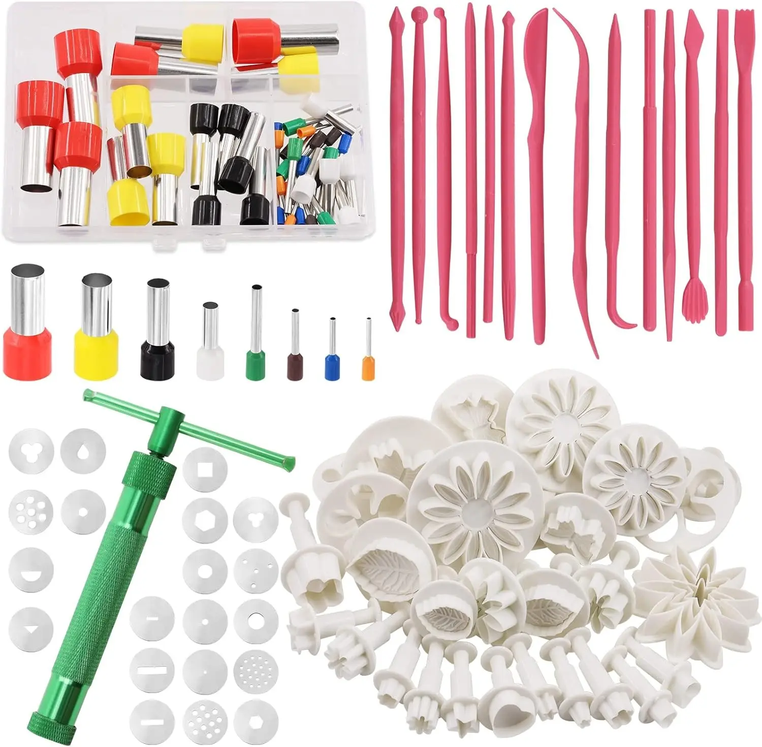 122Pcs Green Clay Extruder Gun and Fondant Cake Mold with Cookie Plunger Cutter Tool Polymer Clay Cutters Kit, Perfect for Clay Cake DIY Craft Cake Decorating Supplies Modeling Tool
