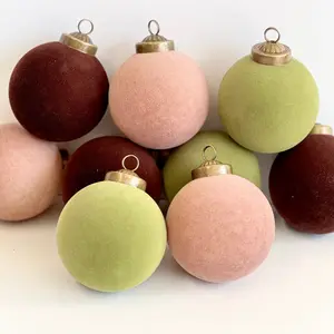 Flocked Christmas Ornaments: Olive Green, Beige, Brown Colors- 9 pcs 3,15" Boho Holiday Decor
