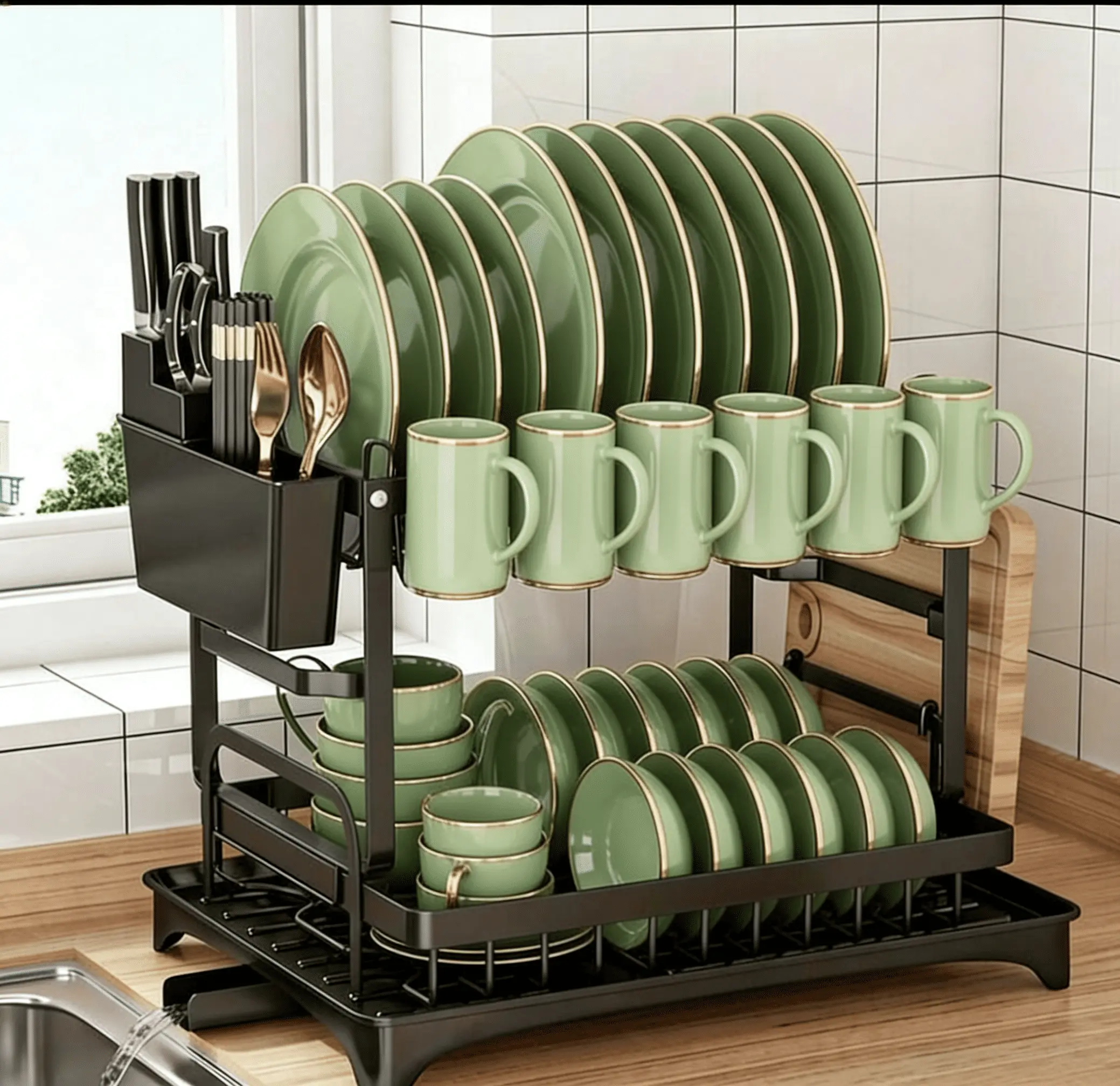 Rectangle 2-Tier Dish Drying Rack with Automatic Drainboard - Heavy-Duty Countertop Organizer, Space-Saving, Strong Load-Bearing, Tool-Free Assembly for Tidy Kitchen Storage
