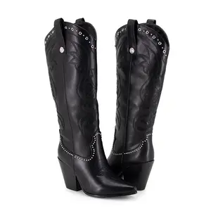 Women's Western Cowboy Boots Sexy Knee High Embroidery Ron Zipper Western Boots Slip On Pointed Toe Chunky Heel Country Long Bootsed Fashi