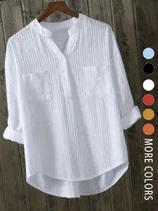 Women's White V-Neck Relaxed Casual Design Blouse Shirts with Pockets, Versatile for Work and Casual Wear