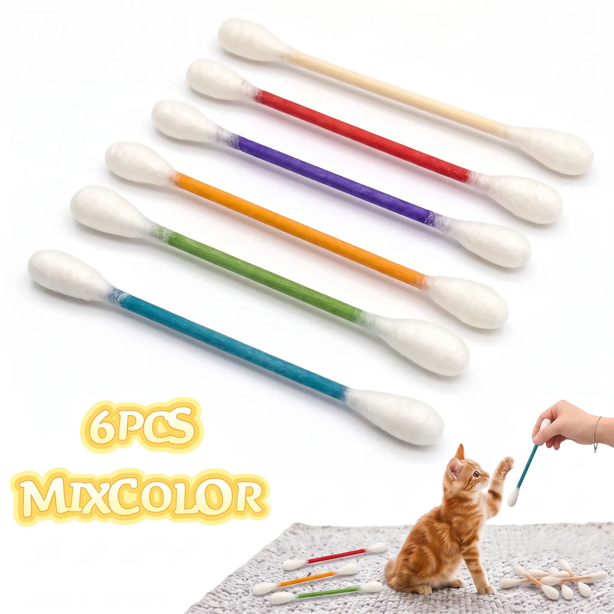 6-Pack Cotton Swab Shaped Cat Toys, Interactive Catnip Chew Sticks for Indoor Cats, Dental Cleaning, Stress Relief, Soft Pet Play Toys, Mixed Colors