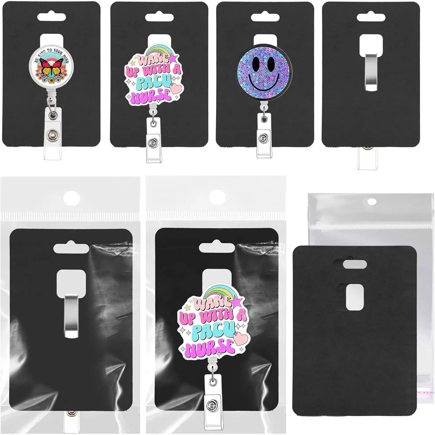100PACK Badge Reel Display Cards Packaging, Fits  and Belt Clips, Retractable Name Badge ID Holders, Blank  Cardstock Holder with Clear Self-Seal Bags (Black)