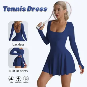 Betto Women's Solid High Elastic Sports Dress, Backless Long Sleeve Tennis Dress, Perfect For Yoga, Fitness, Commute & Playing, Spring Summer Fashion