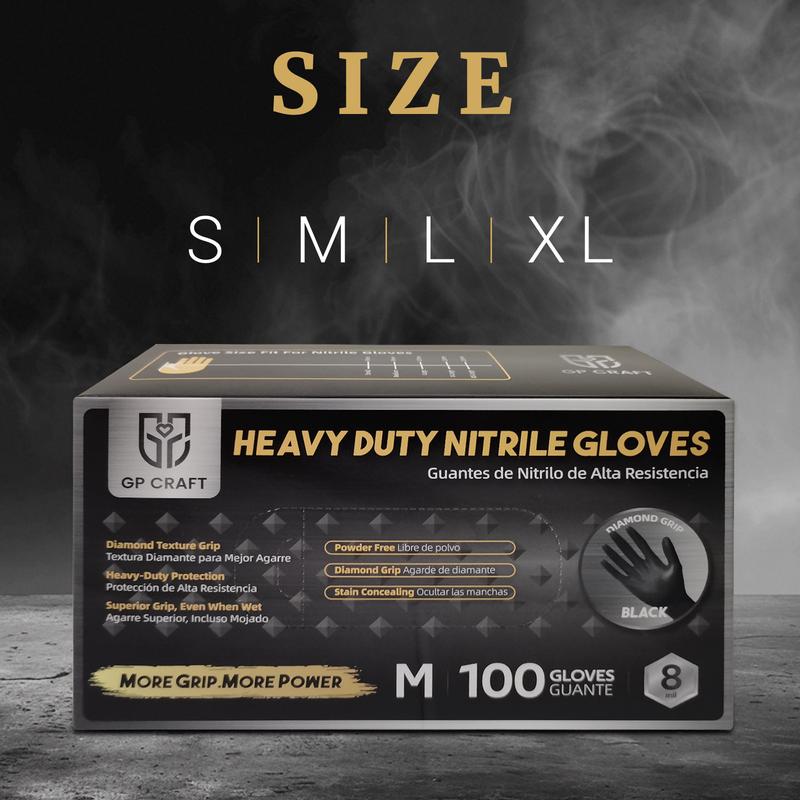 GP Craft Heavy Duty 8Mil Diamond Textured Black Nitrile Gloves for Automotive Work Cleaning Hand Cover Box  Ultra Grip Secure Grip