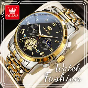 OLEVS Premium Two-Tone Chronograph Watch, Black Dial & Roman Numerals, 24-Hour Indicator, Luminous & Waterproof Quartz, Luxury Formal Wear, Ideal Gift for Men, 2859