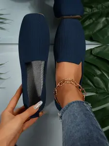 Women's Breathable Knit Shoes, Casual Plain Design, Square Toe Flat, Textile Upper Material, Rubber Sole, Spring & Fall Fashion Footwear