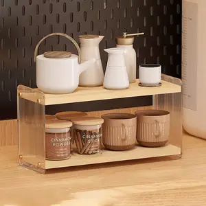 2 Tier Acrylic Coffee Station Organizer with Mug Hooks, Home Storage for Kitchen Countertops and Coffee Bars, Holds Mugs Coffee Beans Syrup Cups Stirrers
