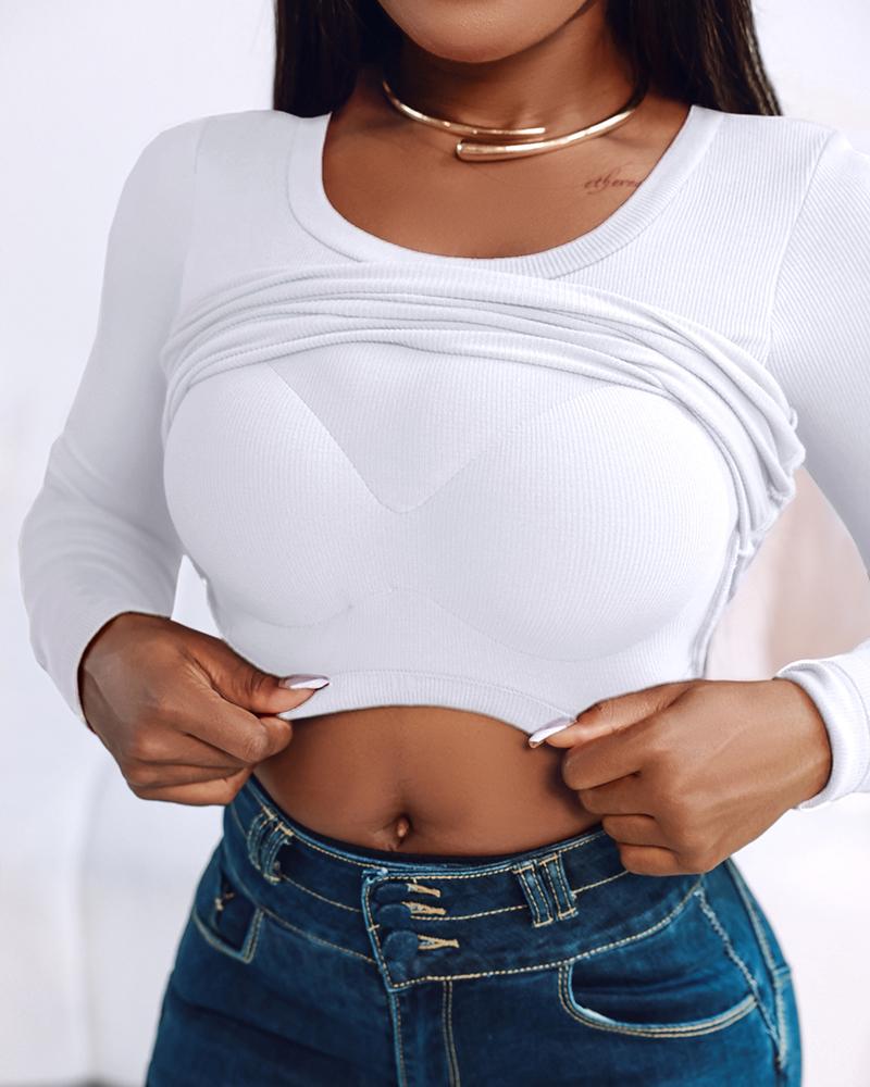 ChicMe U-Neck Built-in Bra Long Sleeve Ribbed Top Shirts Elegant Skinny Fit Fabric