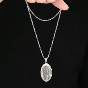 Virgin Mary Necklace, Antique Silver Oval Necklace For Nami, Religious Gift, Men's Necklace, Daily Wear