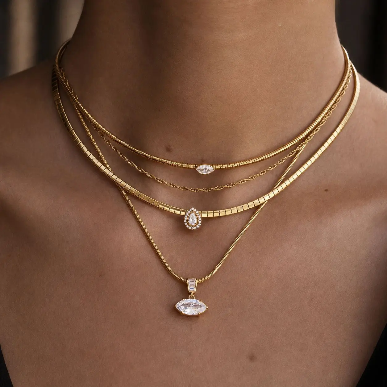 Emma's Heart Marquise Zircon Layered Necklace 316L Titanium Steel