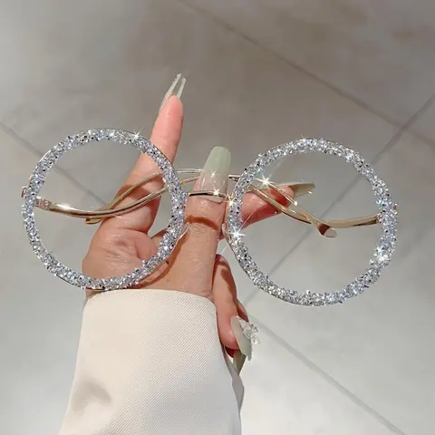 Female Street-Style PA Sunglasses - Oversized Semi-Rimless Eyewear Frame, Crystal Accents, Lightweight Blue-Light Block Colored Lenses, Daily Fashion Accessory