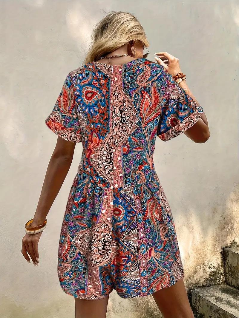Womens Boho Floral Print Romper V-Neck Short Sleeve Casual Jumpsuit with Pockets Summer Beach Vacation Outfit Lightweight Flowy Playsuit Bohemian Ethnic Pattern One-Piece Resort Wear Casual Daily Fashion Polyester