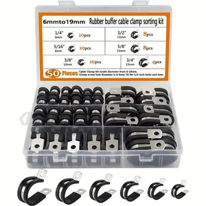 50pcs Stainless Steel Hose Clamp Set, R Type Cable Clamps with Rubber Strips, Corrosion Resistant Wire Fixing Clips, 6mm to 19mm, Tool Box Included