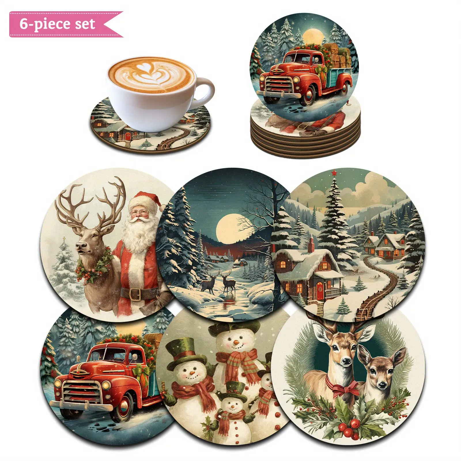 6pcs Christmas Theme Round Wooden Cup Coasters Heat Resistant, Decorative Coasters for Home, Office and Party, Perfect Choice for Home Decoration