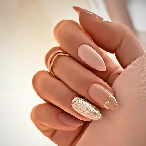 Almond Fake Nail, Glittering Fake Nails, Decorative Nails, 24pcs Heart Decor Fashion Press on Nails for Women & Girls DIY Nail Art, Elegant Stick on Nails Kit, Nail Art Supplies