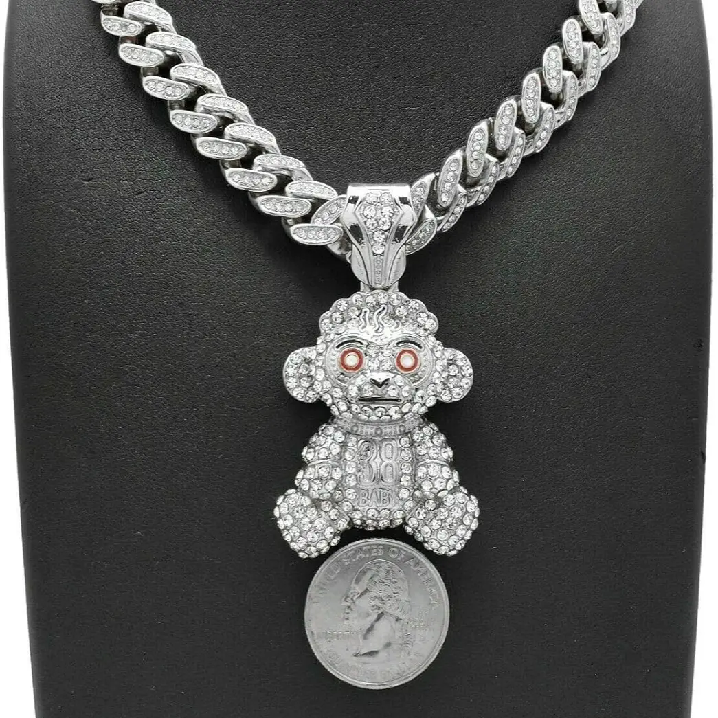 MaxBling81 High-Quality Unisex Iced Ape Pendant with 13mm Metal-Coated Cuban Link Chain, 1.25in/2.5in Sizes, 20in Option, Iced Box Lock Hip Hop Adult Costume Necklace, Multi-Size, Metal Coating, Blinged Out Necklaces, Chain Jewelry Necklaces