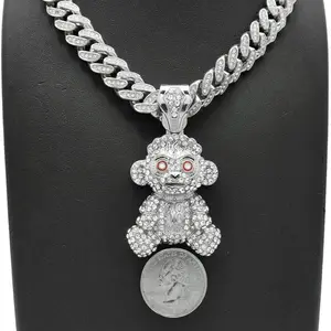Hip Hop Rapper Style APE Pendant & 13mm 20" Iced Silver Plated Cuban Chain Necklace for Men, Women, Kids