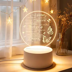 To My Sister Night Light, Sister Birthday Gift from Sister, I Love You Forever Acrylic LED Lamp, Round Butterfly Nightlight for Bedroom, Inspirational Sister Desk Decor Lamp