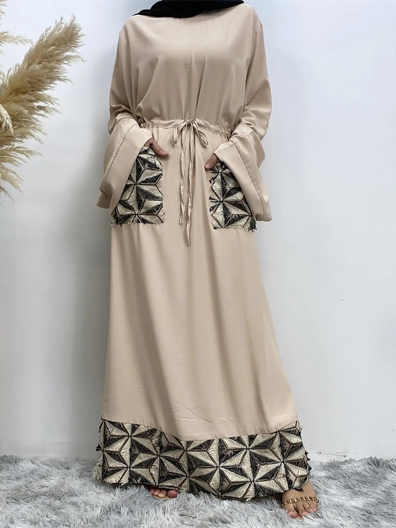 Women's Plain Embroidery Pocket Flounce Sleeve Dress, Modest Long Sleeve Tie Front Maxi Dress for Party Holiday Wedding Guest, Ladies Summer Clothes