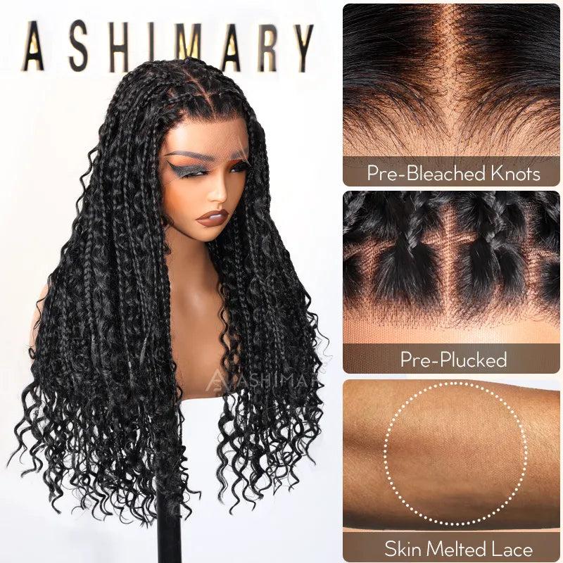 [26" Limited Offer] Ashimary Boho Knotless Box 26" Braided Wigs Full Double Lace Braid Wig for Black Women Lace Frontal Human Hair Blended Braided Wig with Boho Curls 360 Lace Front 428