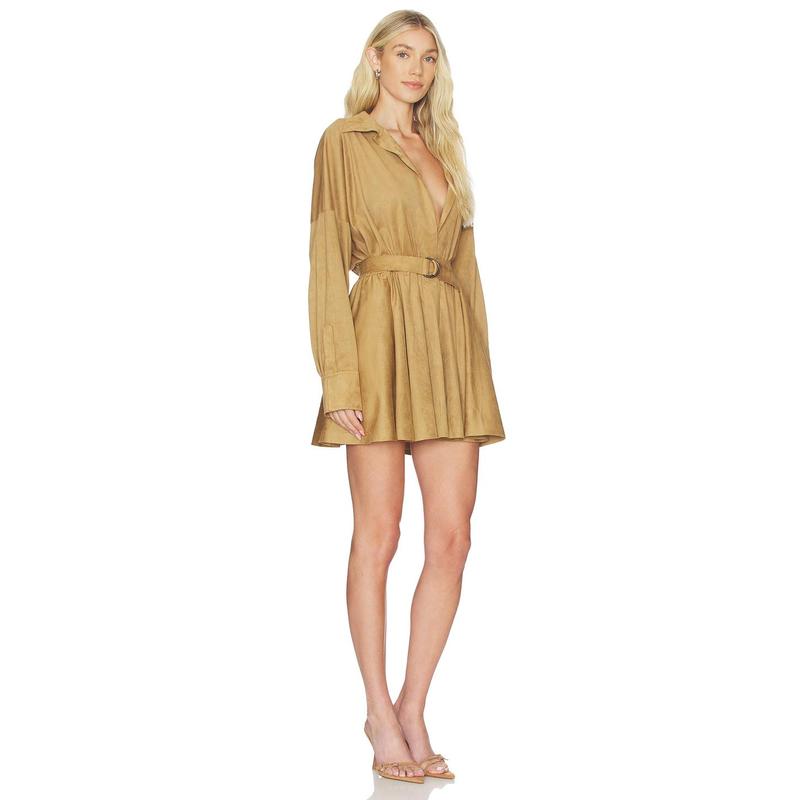 Norma Kamali x REVOLVE Super Oversized Boyfriend Shirt Flared Mini Dress in Camel