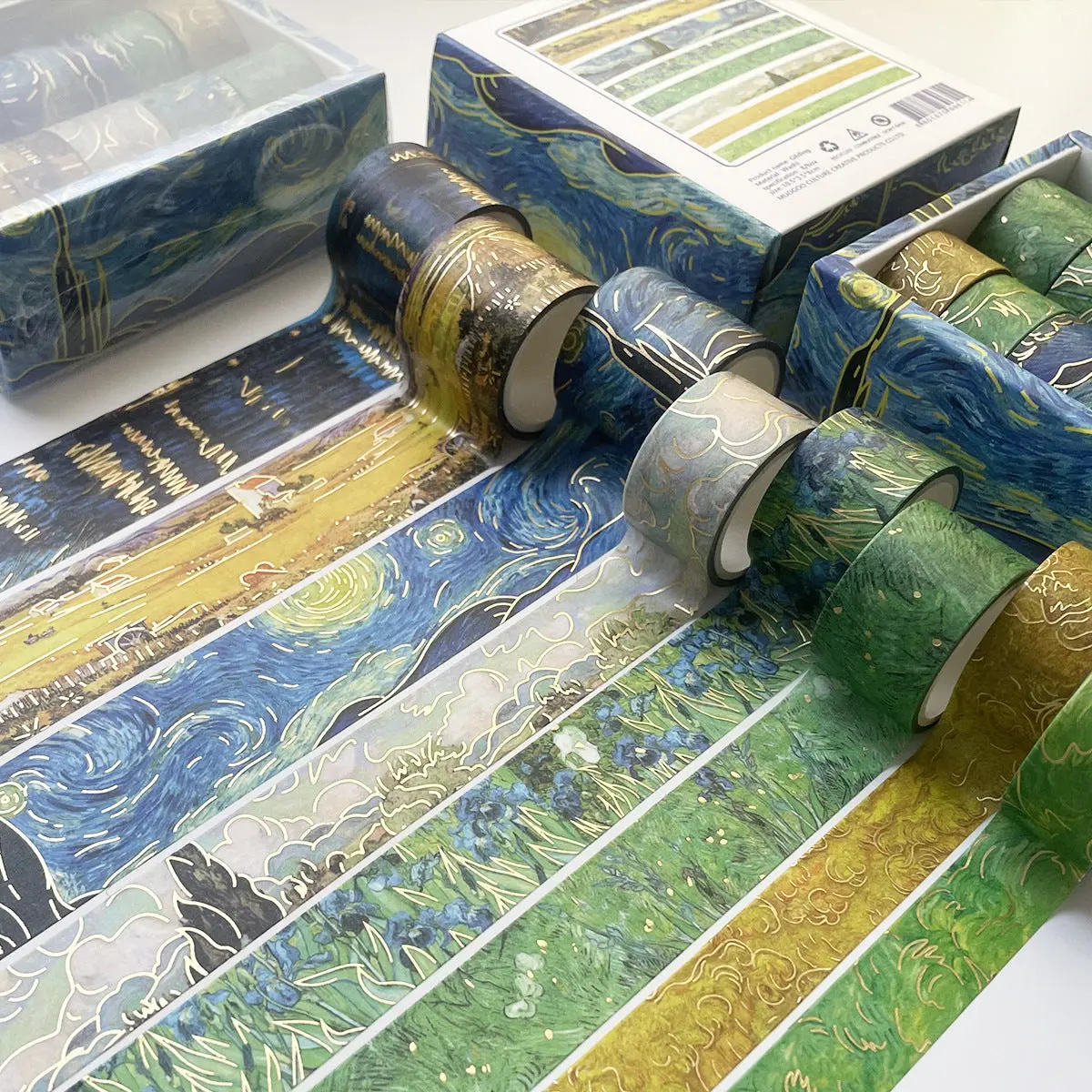 Handmade Van Gogh Starry Night Adhesive Masking Tape Set - 8pcs Iconic Artistic Design Tapes with Multiple Widths, Office Stationery for Journaling, Home Decor, Ideal Birthday Gift