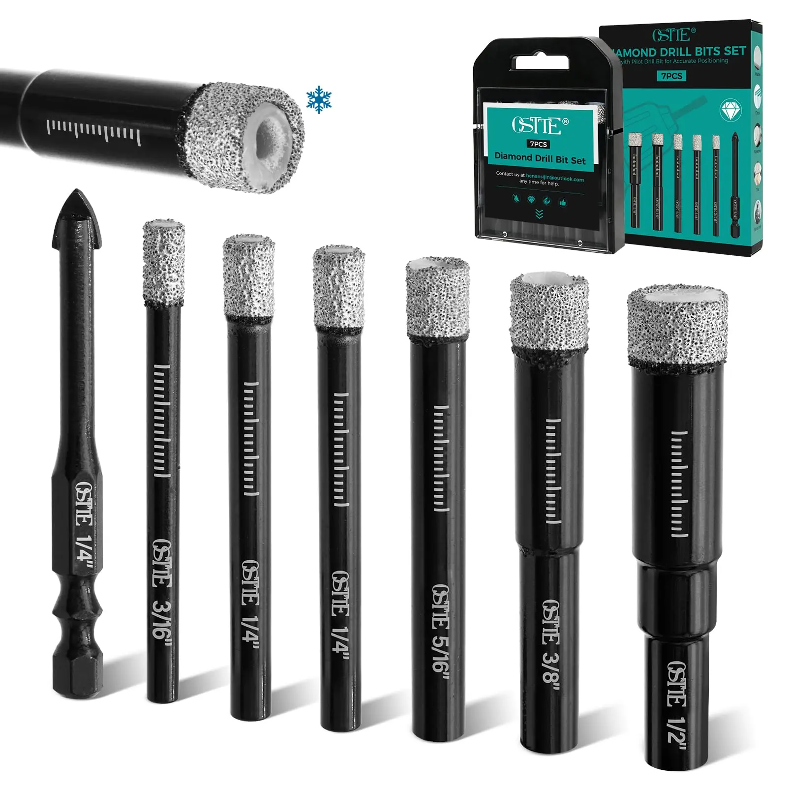 7Pcs Diamond Drill Bit with Cooling Wax, 3/16"-1/2"+1Pcs Drill Bit 1/4" | Ceramic Drill Bit for Pots, Porcelain, Marble, Granite, Glass, Concrete,Masonry,Round Shank, Tile Drill Bti with Storage Case