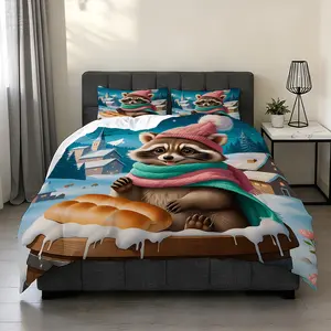 2/3Pcs Winter Night Raccoon Eating Hot Dog Pattern Duvet Cover Set(1*Duvet Cover+1/2* Pillowcase,No Filling), High-Definition Digital Printing,100% Polyester Fiber,Perfect Gift For Family And Friends During Festivals,Suitable For All Year Round!