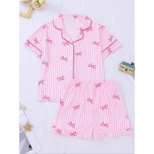 Girl's Bow Print Top & Elastic Waist Shorts Pajama Two-piece Set, Cute Comfy Short Sleeve Top & Shorts Pj Set, Kids Sleepwear for All Seasons, Casual Comfy Pyjama, Striped Summer Pajama