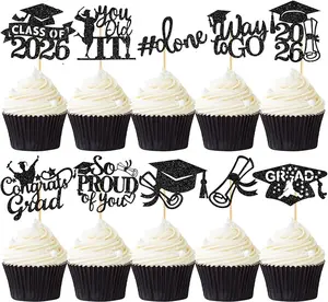 60 Pcs Graduation Cupcake Toppers,Glitter Class of 2026 Cupcake Toppers Grad Cap Cake Toppers Picks 2026 Graduation Party Supplies,Black