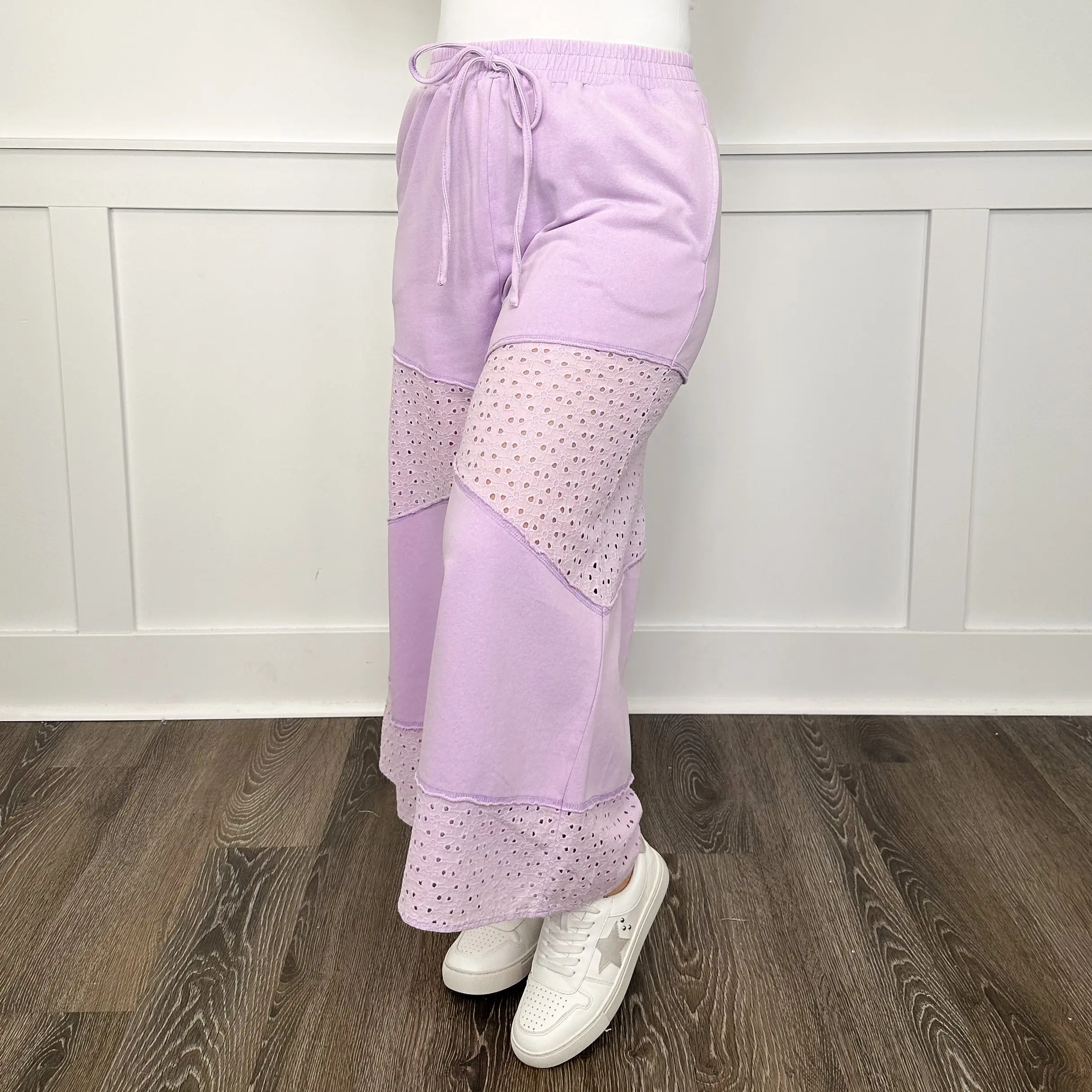 Women's Lilac Purple High-Rise Wide Leg Cropped Pants - Soft Stretchy Cotton-Polyester Blend Bottom with Floral Patches, Flowy Print Pants, Effortless Flow Style, Effortless Flow Pants