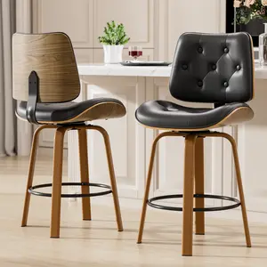 Bar stools  set  of 2，Modern 26-Inch PU Leather Counter Height Bar Stool — 360° Swivel Tall Chair with Curved Backrest, Comfortable Armless Kitchen Island Stool,Black、