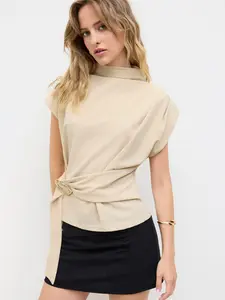 Cider Stand Collar Belted Short Sleeve Top