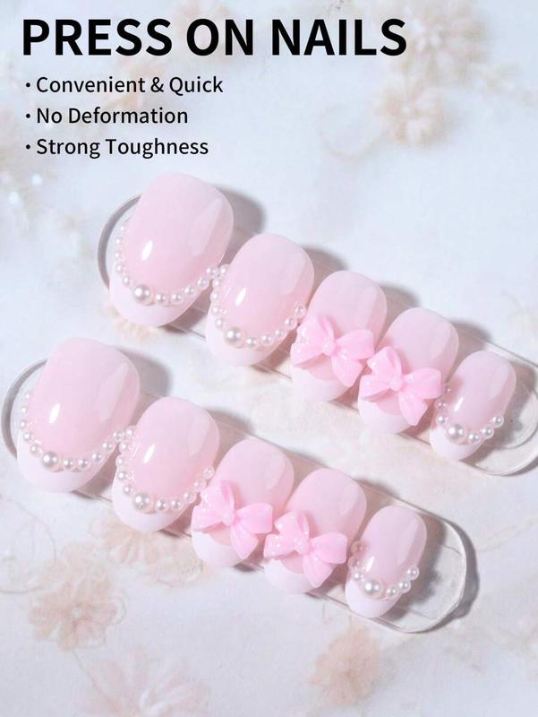 24pcs Oval Pink Bow Pearl Design White French Acrylic Short Press-On Nails Set, Includes: 1pc Jelly Gel And 1pc Nail File, French Manicure, Suitable For Women And Girls Daily Wear And Party, Nail Art Supplies
