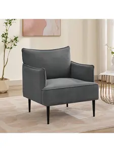 【Christmas Gift】Mid Century Accent Chair, Comfy Living Room Chair Armchair Grey Fabric Sofa Chair For Bedroom, Modern Accent Chair With Arms And Metal Legs For Office Study, Vintage Reading Room Sofa