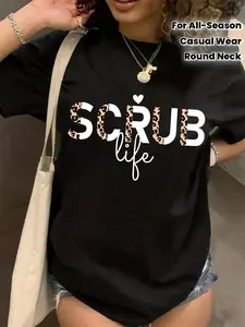 100% Cotton [Alphabet Pattern T-Shirt] Casual Black T-Shirt - Crew Neck, Alphabet Pattern, Regular Length, Suitable for All Seasons