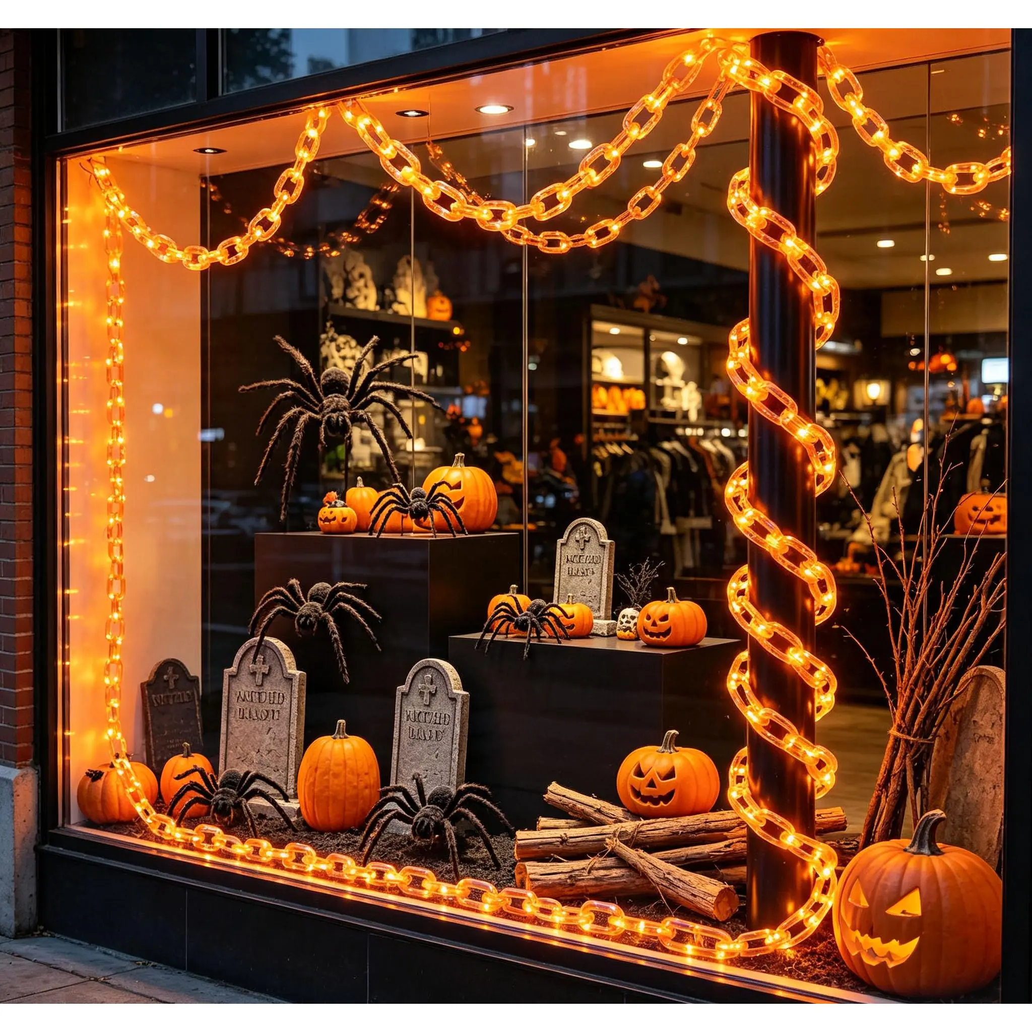 Battery Powered Halloween Outdoor Chain Lights, Waterproof Orange Mesh LED String Lights with Timer, 8 Light Modes, No Plug Required, Spooky Decor for Porch, Tree, Bush and Halloween Party