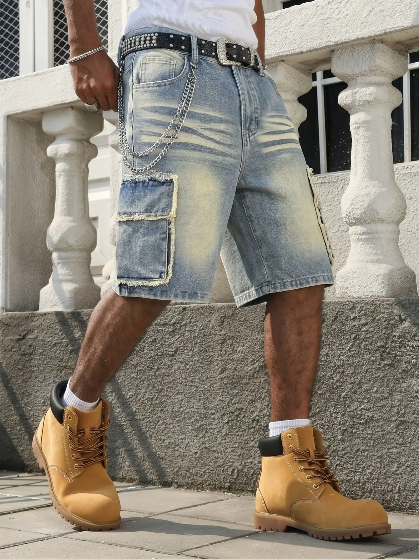 Men's Vintage Washed Edge Workwear Denim Pocket Shorts, Summer Loose Fit Mid Waist Five-Quarter Pants, Streetwear Utility Style
