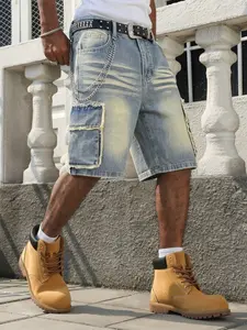 Men's Vintage Washed Edge Workwear Denim Shorts, Summer Loose Fit Mid Waist Five-Quarter Pants, Streetwear Utility Style
