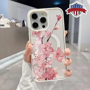 Magnetic Phone Case Supports Wireless Charging for iPhone 16 Pro Max 15 Plus 14 13 12 11 XR E XS Pink Peach Blossom Branch Pattern Anti-Yellowing Shockproof Durable Ultra-Thin Crystal Transparent Acrylic Cover.