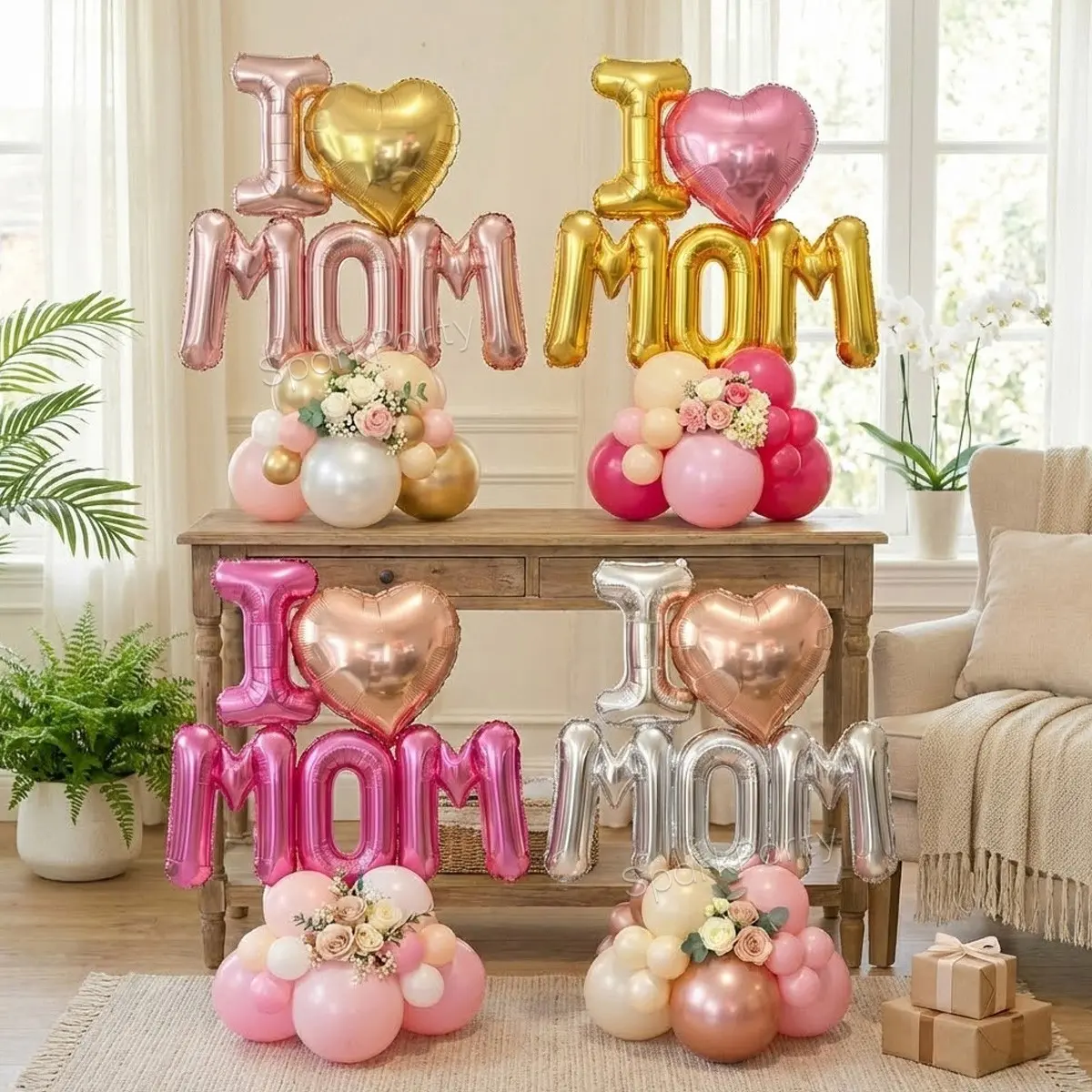 21pcs/set I Love Mom Decoration Balloon Set, 4 Sweet Styles, 16 Inch Letter Foil Balloons, Rose Gold Silver, Heart Shaped Balloons