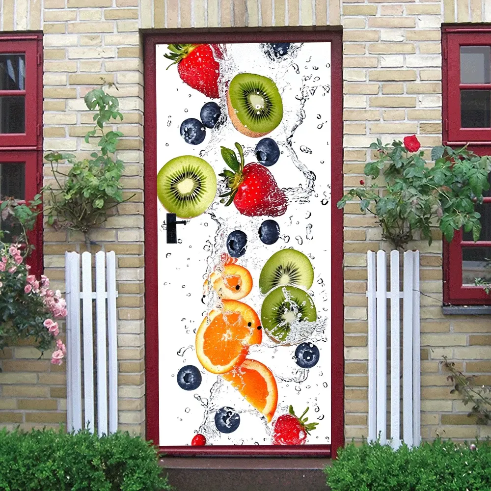 2pcs Summer Colorful Fruit Wall Stickers Creative Kitchen Bathroom Decorative Stickers Waterproof Self Adhesive Removable Strawberry Kiwi Blueberry Orange Patterns Kids Room Bedroom Living Room Wall Decor