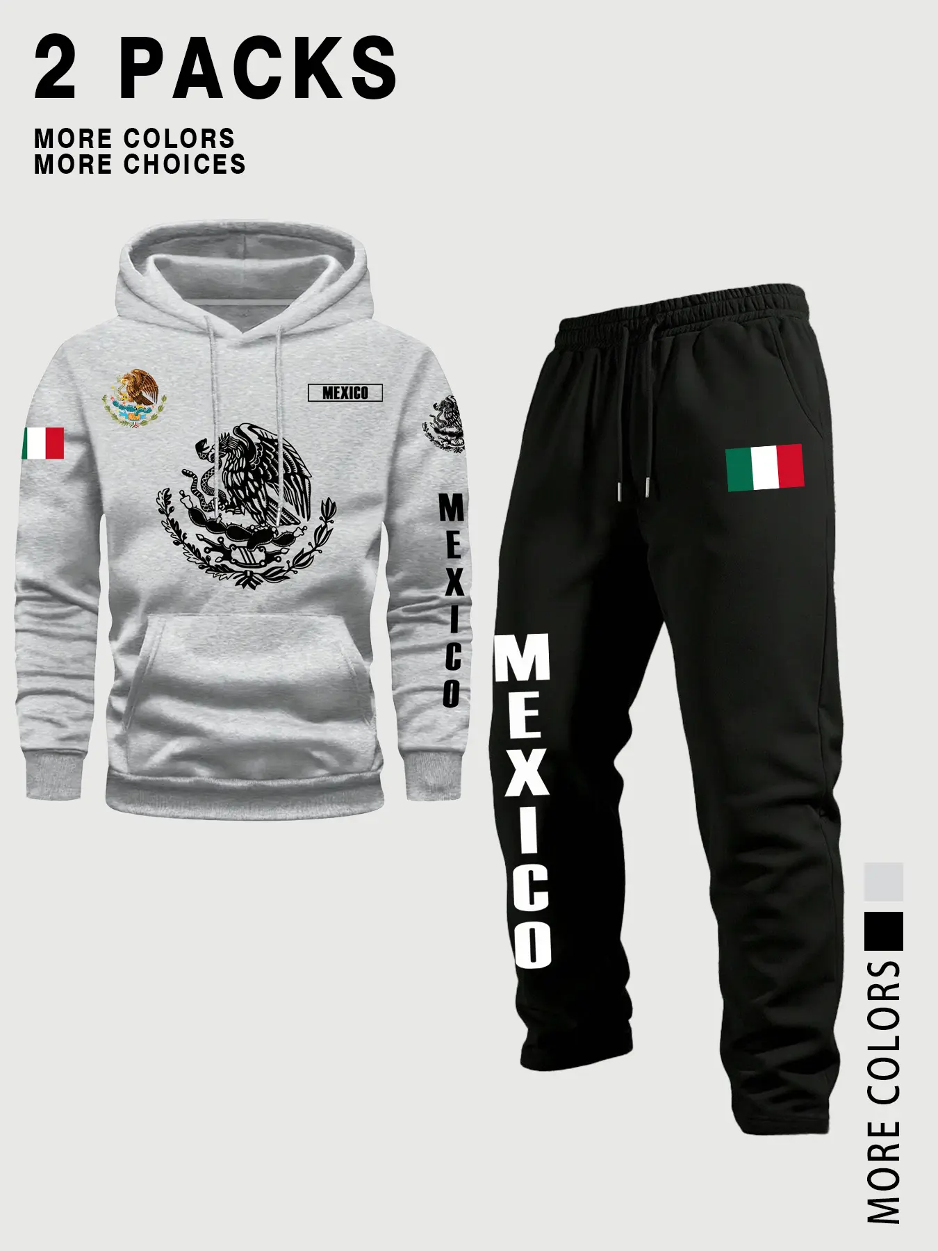 Men's Mexican Style Fitted Athletic Activewear Set, 2 Piece Long Sleeve Hoodie & Sweatpants, Flag Eagle Snake Print, Multicolor, Casual Travel Outdoor Wear, Fall & Winter, Sweatsuit Set