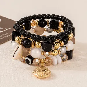 Honeydrop 4-Layer Bohemian Shell Charm Bracelet for Women, Stretchy Acrylic Beaded Stackable Bangles, Summer Beach Vacation Jewelry, Handmade Gift