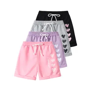 4-piece set of girls' summer shorts with heart print and bow design, comfortable and casual summer shorts