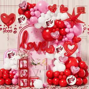 Valentine's Day Balloon Arch Garland Kit with Pink White Red Confetti Heart Balloons Love Foil Balloons Explosion Star Balloons Rose Petals for Anniversary Wedding Romantic Decorations